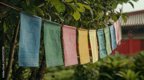 Vibrant Prayer Flags in Nature Tranquil Closeup of Colorful Tibetan Mantras on Tree Branch - Spiritual Harmony, Peaceful Zen - Cultural Travel and Asian Serenity Concept
