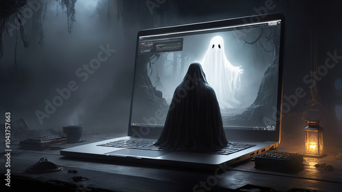 Ghostly Figure Hovering Over a Laptop Screen