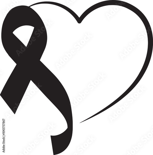Black ribbon with heart vector art illustration with white background.