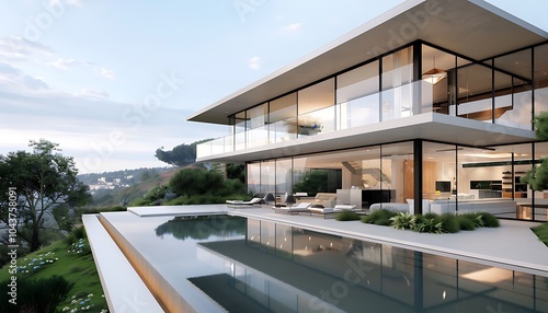 A sleek modern villa with an infinity pool floor-to-ceiling windows and a minimalist garden Overlooking a scenic hillside landscape photo