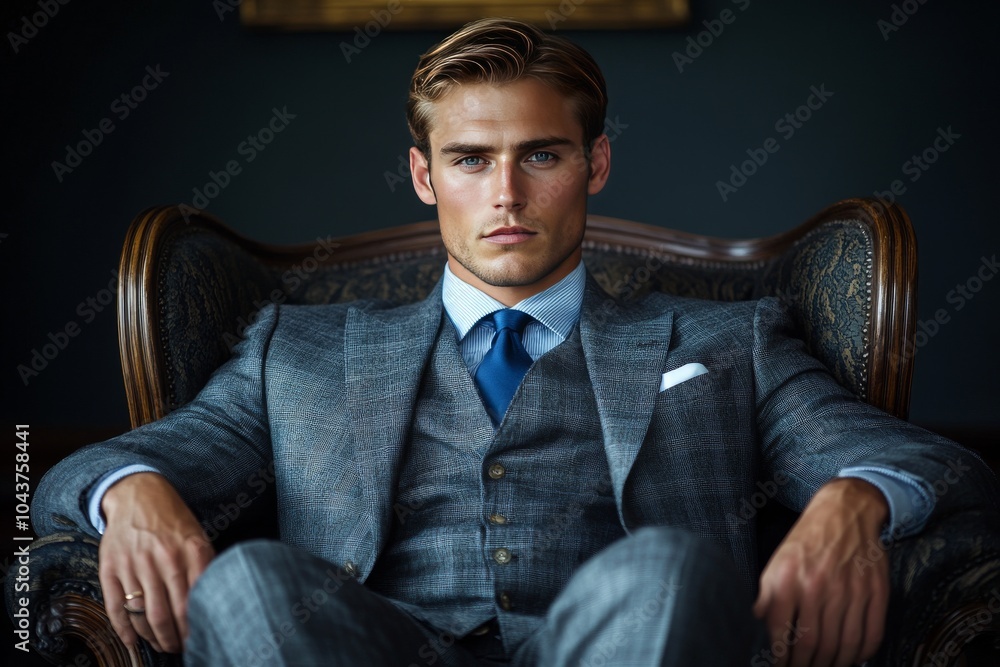 Man in a blue three piece suit sitting confidently in an elegant chair representing modern formalwear with sleek classic styling in a professional setting Man in a blue three piece suit sitting confidently in an elegant chair representing modern formalwear with sleek classic styling in a professional setting