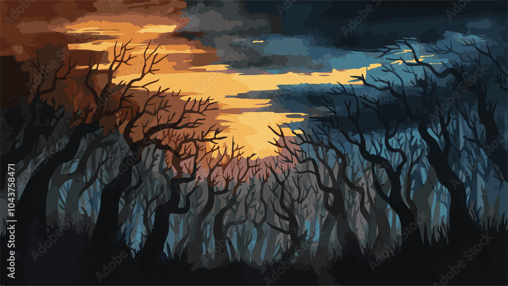 Fototapeta premium Sunset Forest Landscape – Digital Painting of Nature with Trees, Sky, and Silhouettes