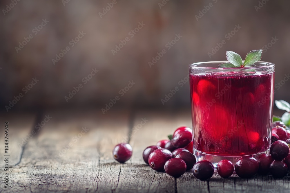 Cranberry Juice. Closeup of Refreshing Berry Beverage in Cool Cup on Old Wooden Table Cranberry Juice. Closeup of Refreshing Berry Beverage in Cool Cup on Old Wooden Table