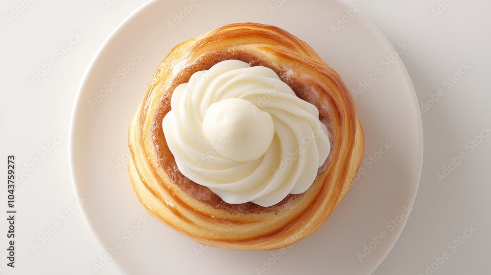 Delicious cinnamon roll with cream cheese frosting on white plate Delicious cinnamon roll with cream cheese frosting on white plate