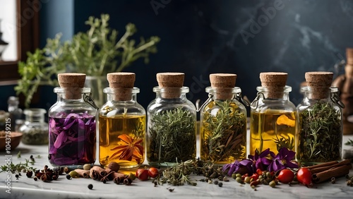 Herbal Infusions in Glass Bottles Displayed on a Rustic Table in a Cozy Kitchen Setting