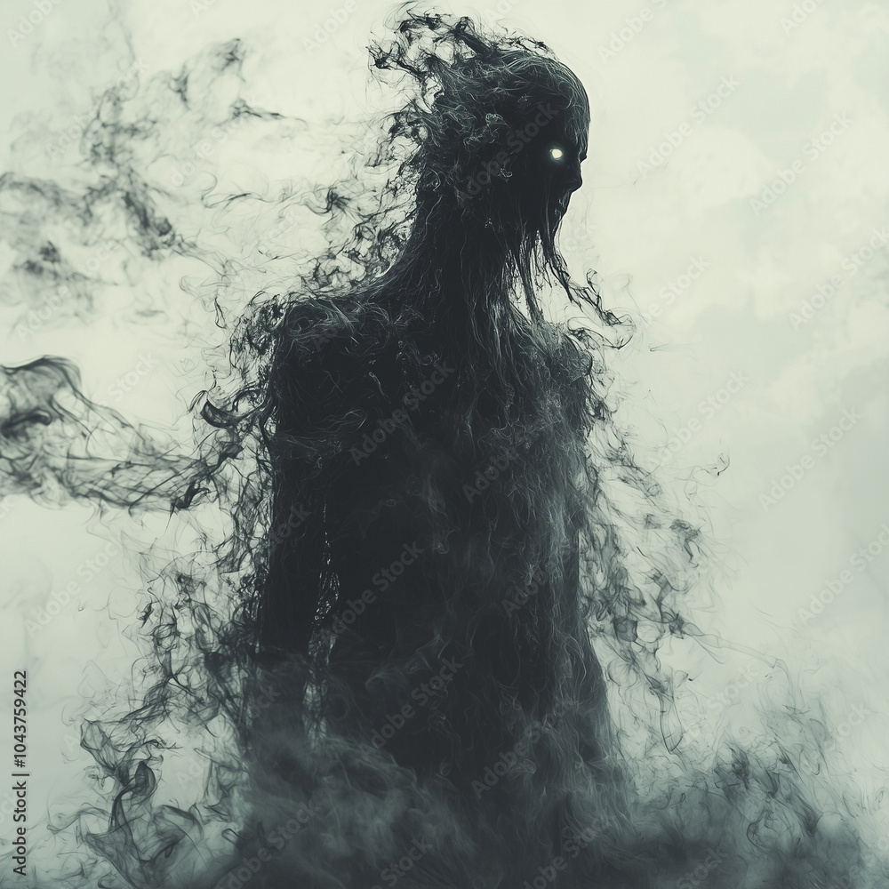 dark smoke phantom rises against a moonlit sky, its tendrils reaching with malevolent intent dark smoke phantom rises against a moonlit sky, its tendrils reaching with malevolent intent
