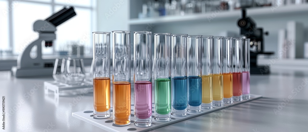 Vibrant Colored Liquids in Close-up Test Tubes on Laboratory Table - Scientific Exploration Concept with Bright Contrast and Orderly Arrangement Vibrant Colored Liquids in Close-up Test Tubes on Laboratory Table - Scientific Exploration Concept with Bright Contrast and Orderly Arrangement
