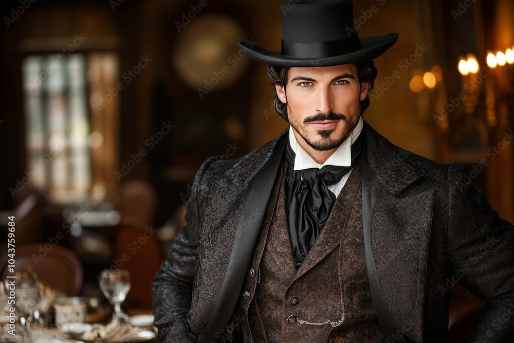Man in a black suit and top hat standing confidently in an elegant dining room representing sophisticated formalwear with classic timeless styling Man in a black suit and top hat standing confidently in an elegant dining room representing sophisticated formalwear with classic timeless styling