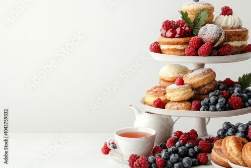 Elegant Three-Tiered Pastry Stand with Berries and Tea Set on White Background - Luxurious Gourmet Dessert Display for Event Catering or Tea Party