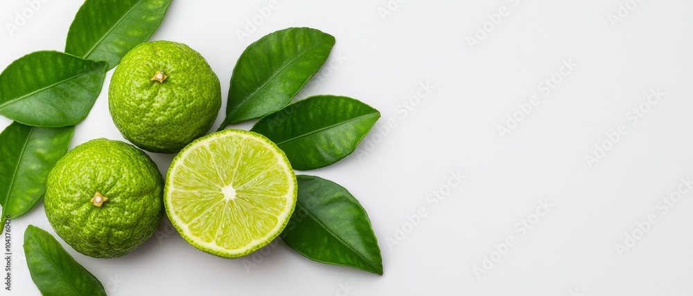 Fresh Citrus Delight Vibrant Whole and Cut Limes on White Background - Minimalist Still Life Photography with Bright Green and White Tones, Serene and Fresh Concept for Health and Wellness Fresh Citrus Delight Vibrant Whole and Cut Limes on White Background - Minimalist Still Life Photography with Bright Green and White Tones, Serene and Fresh Concept for Health and Wellness