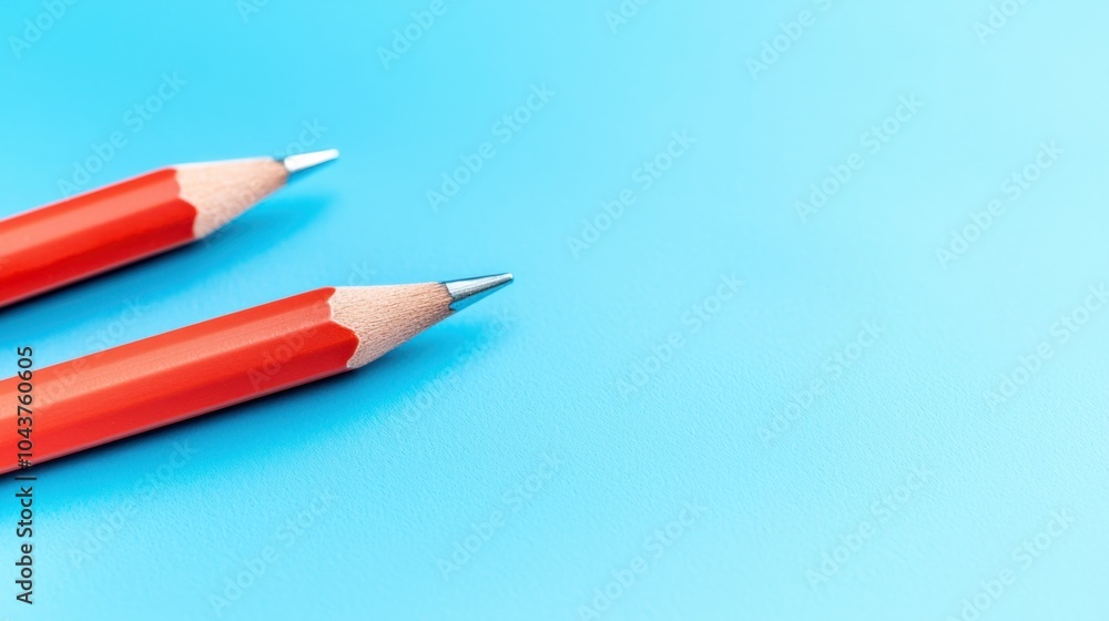 Two red pencils on a light blue background with a smooth texture. Two red pencils on a light blue background with a smooth texture.