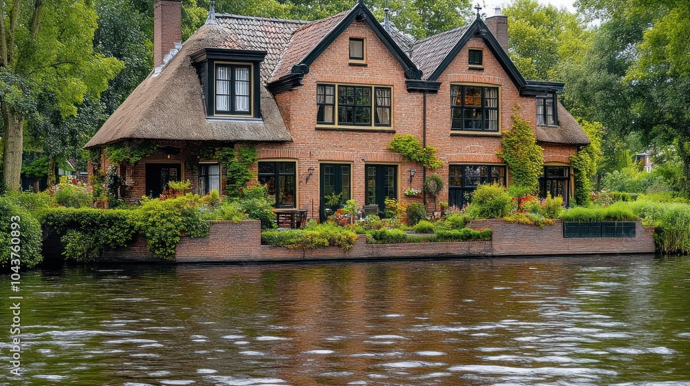 A charming brick house with a thatched roof sits on a canal in a European village. A charming brick house with a thatched roof sits on a canal in a European village.