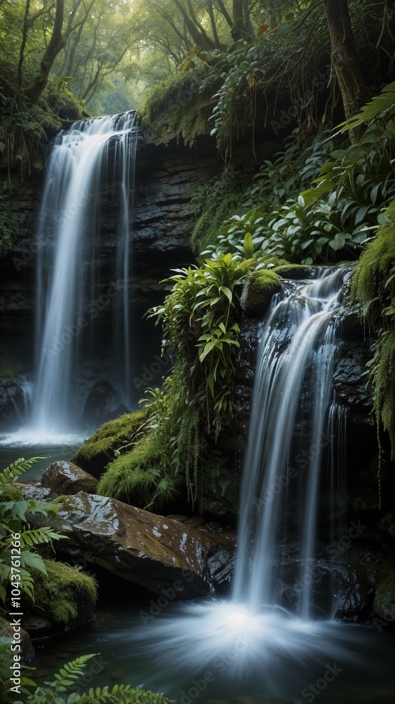 Obraz premium Serene double waterfall cascading down moss-covered rocks in a lush, green forest, flowing peacefully, creating a tranquil and mystical atmosphere.