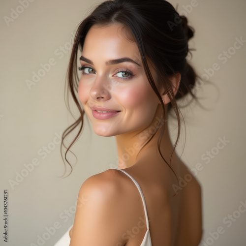 Beautiful Female Model Showcasing Natural Beauty and Flawless Skin in Fashion and Beauty Portrait - Perfect for Skincare, Cosmetics, and Lifestyle Advertising