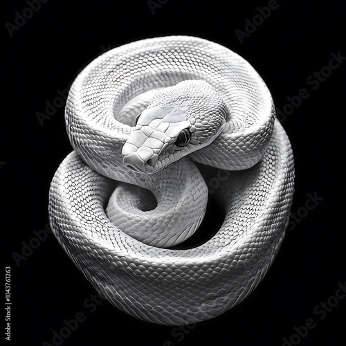 A hyper realistic viper snake is coiled elegantly, showcasing its intricate scales and striking features against black background. image captures snakes unique texture and form, evoking sense of fasci photo