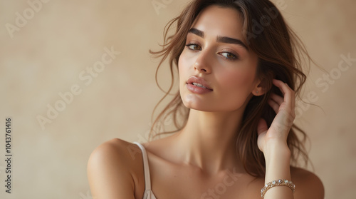 Beautiful Female Model Showcasing Natural Beauty and Flawless Skin in Fashion and Beauty Portrait - Perfect for Skincare, Cosmetics, and Lifestyle Advertising