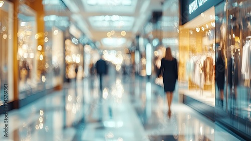 A bright and luxurious department store setting with blurred images of people shopping, reflecting a high-class and busy retail space.