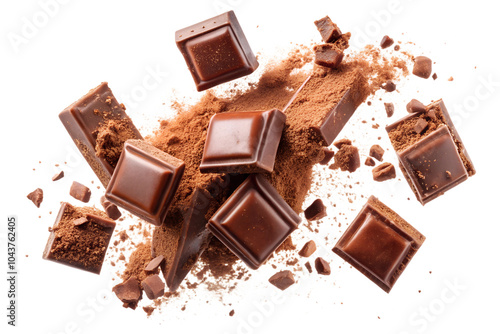 High-Resolution PNG Background Featuring Flying Pieces and Powder of Broken Chocolate Perfect for Culinary and Dessert-Themed Designs, Ads, or Websites