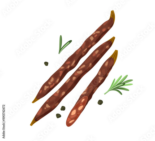 Illustration of dried sausages with herbs and spices