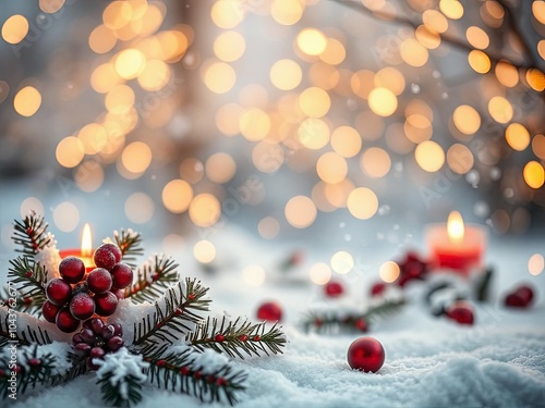 Red Berries and Christmas Candles in Snow with Bokeh Lights

 photo