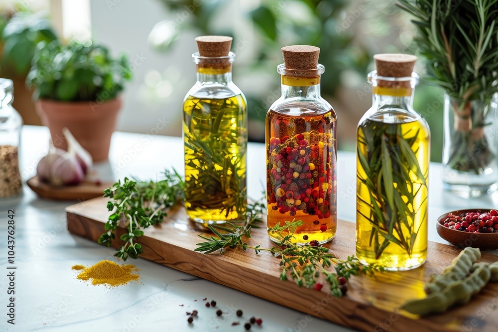 Infused olive oils with herbs and spices on wooden board