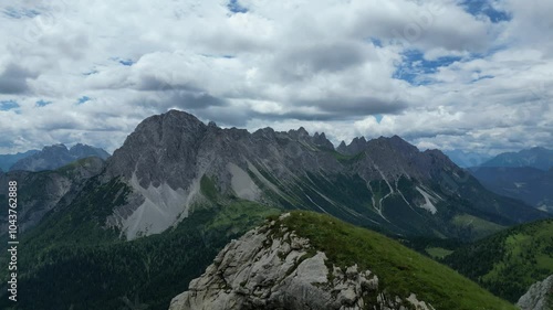 Aerial footage of Mount Lastroni and the Righile Ridge in Sappada, Province of Udine, Italy photo