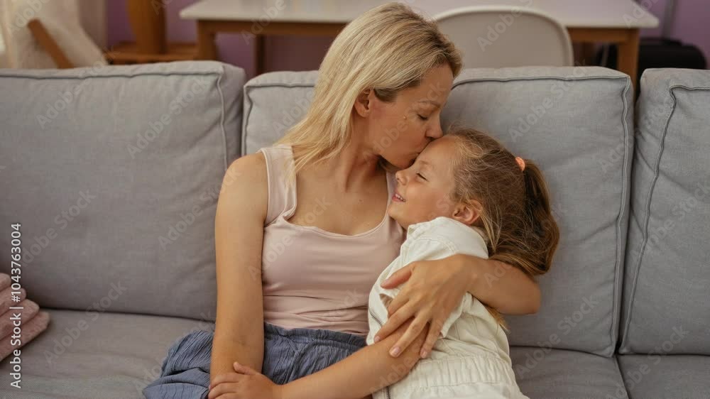 Mother and daughter bonding on a sofa in a cozy living room exhibiting love and tenderness indoors at home Mother and daughter bonding on a sofa in a cozy living room exhibiting love and tenderness indoors at home