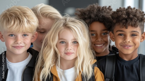 Diverse group of smiling children with backpacks in classroom setting