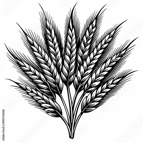 Intricate Black and White Wheat Sheaf Illustration Detailed Vector Design for Agricultural Themes