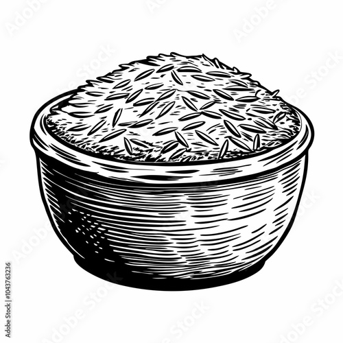 Detailed Black and White Vector Illustration of a Bowl Filled with Rice