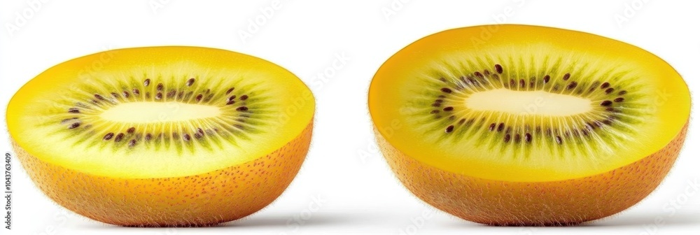 Fototapeta premium Photorealistic kiwi fruit halves, vibrant golden yellow flesh, tiny black seeds, fuzzy brown skin, white background, ultra-detailed, studio lighting, food photography, macro shot, sharp focus, high re
