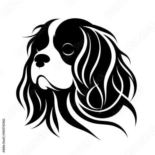 A black and white silhouette of Cavalier King Charles Spaniel, minimalist stroke, minimalist art style, vector, isolated, transparent 