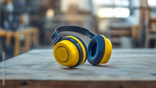 Yellow earmuffs for protection against noise on a construction site. Professional protective equipment in a carpentry workshop. photo