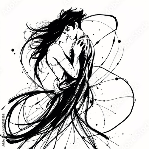 Wallpaper Mural A passionate embrace between two figures entwined in flowing lines, expressing love and connection through abstract art Torontodigital.ca