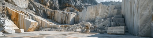 Marble quarry panorama, massive stone blocks, industrial landscape, tiered rock faces, geometric patterns, earth tones, sunlit stone surfaces, rugged terrain, heavy machinery, mining operations, expan photo