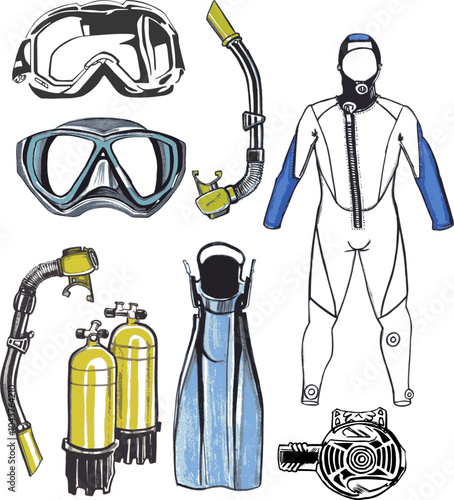 Driver's Set of 8 Items. Man's Scuba Gear and Accessories. Equipment for Diving. Vector illustration