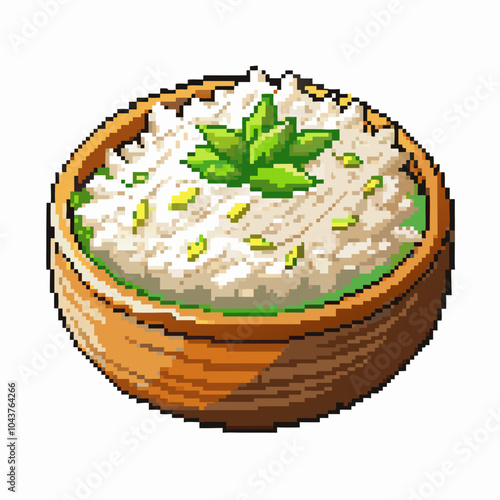 Pixel Art Bowl of Rice with Herbs Retro Style Digital Illustration