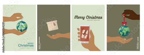 Eco-Friendly Christmas Cards Collection with Earth Theme. Set of sustainable christmas poster A4. Promoting sustainable business practices. Eco-friendly christmas collection. Vector illustration