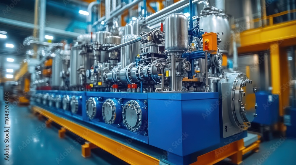 Fototapeta premium A close-up view of a complex industrial machinery with pipes, tanks, valves, and other equipment in a factory setting.