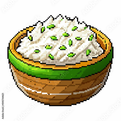 Pixel Art Bowl of Rice with Green Garnish in Wooden Bowl