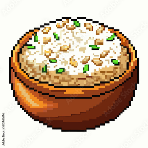 Pixel Art Bowl of Rice with Chives and Nuts in Wooden Dishware