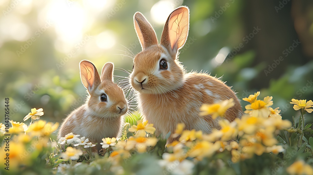 Two adorable brown rabbits with white spots sit in a field of yellow flowers with a soft sunlit background. Two adorable brown rabbits with white spots sit in a field of yellow flowers with a soft sunlit background.
