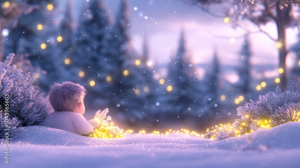 Fototapeta premium Child gazing at festive lights in snowy winter wonderland