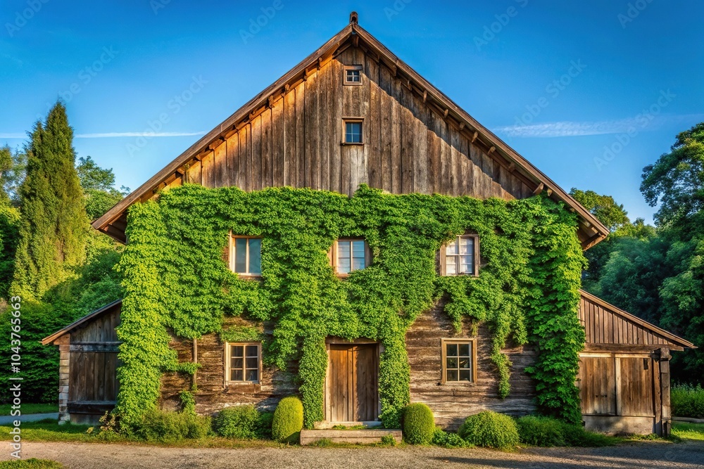 Obraz premium Rustic wooden farmhouse with ivy-covered fence