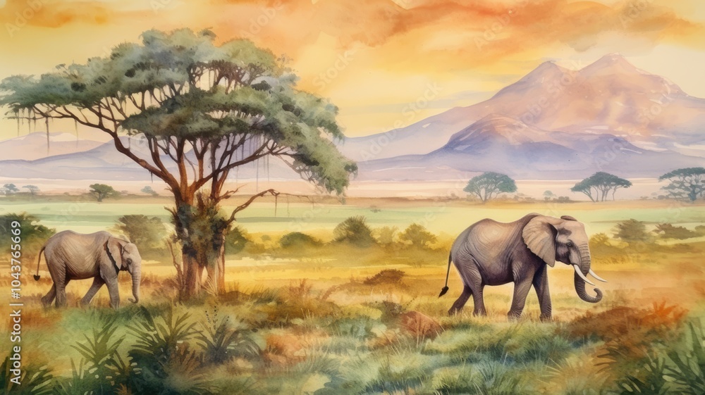 Obraz premium Safari landscape with elephants watercolor