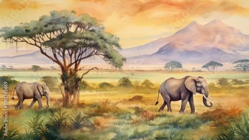 Safari landscape with elephants watercolor