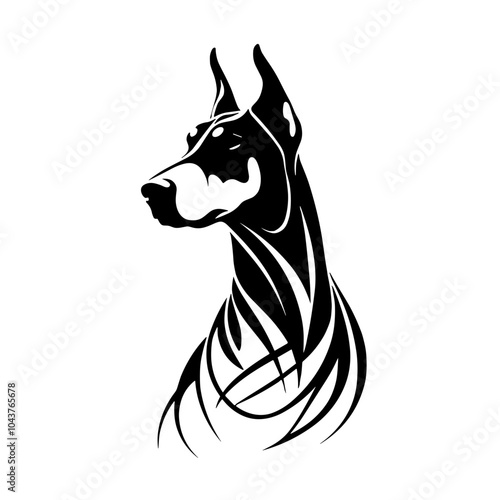A black and white silhouette of Doberman, minimalist stroke, minimalist art style, vector, isolated, transparent background