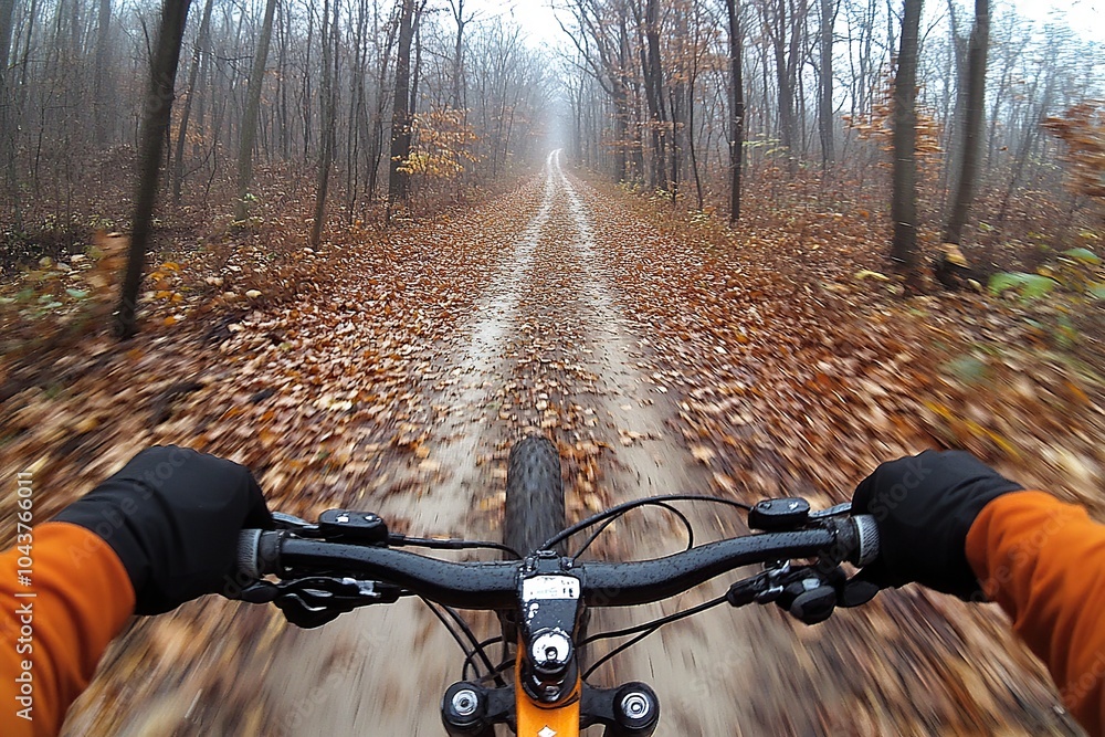 First-person view of a cyclist riding on a forest trail in autumn. First-person view of a cyclist riding on a forest trail in autumn.