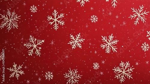 Festive Christmas snowflake pattern with delicate snowflakes falling on a rich, red background, leaving ample space for holiday messages.