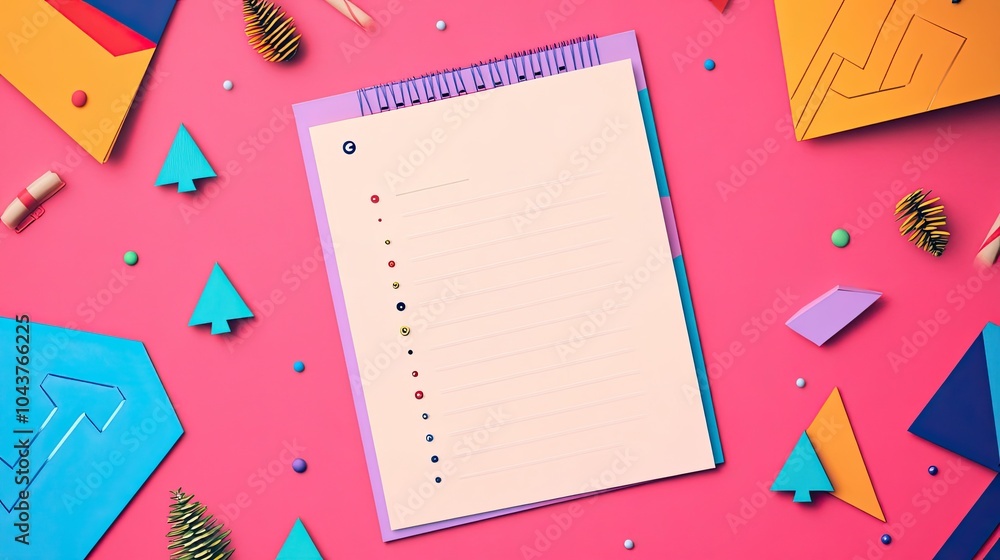Flat style new year diary concept with colorful geometric shapes and small festive Christmas trees, leaving space for to-do list notes. Flat style new year diary concept with colorful geometric shapes and small festive Christmas trees, leaving space for to-do list notes.